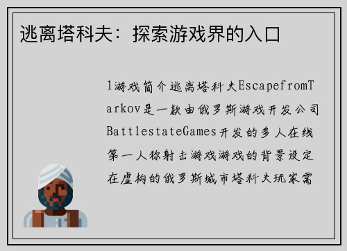 逃离塔科夫：探索游戏界的入口