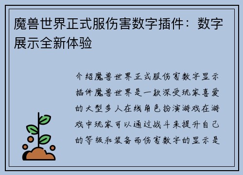 魔兽世界正式服伤害数字插件：数字展示全新体验